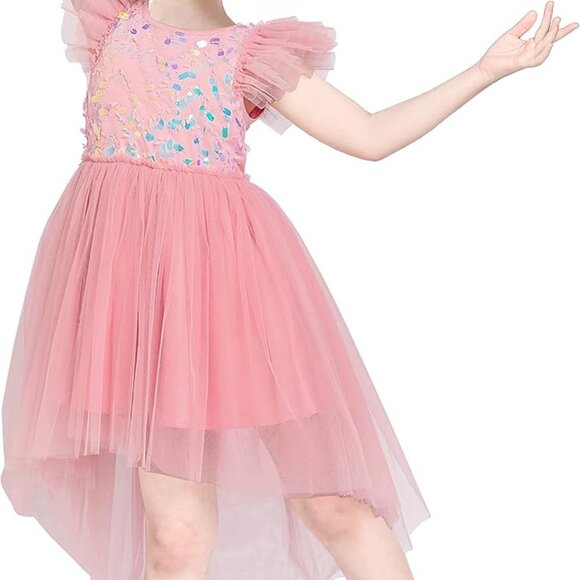 Sunny Fashion Girl's Pink Sequin Tulle Hi-Low Dress Flutter Sleeves Size 4 - Picture 1 of 7